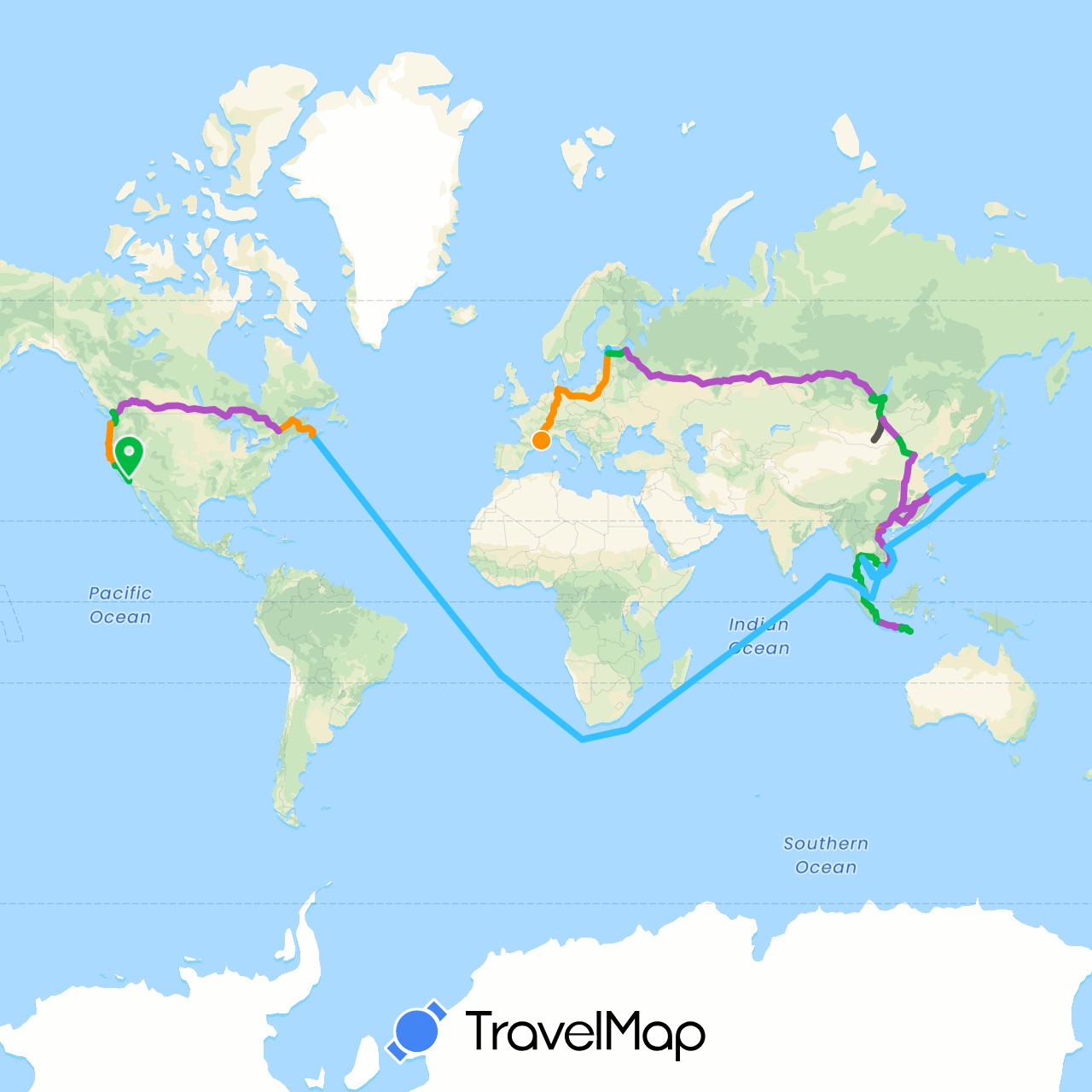 TravelMap itinerary: driving, bus, train, boat, hitchhiking, motorbike in Canada, Switzerland, China, Germany, Estonia, Finland, France, Indonesia, Japan, Cambodia, South Korea, Mongolia, Malaysia, Russia, Singapore, Thailand, Taiwan, United States, Vietnam (Asia, Europe, North America)
